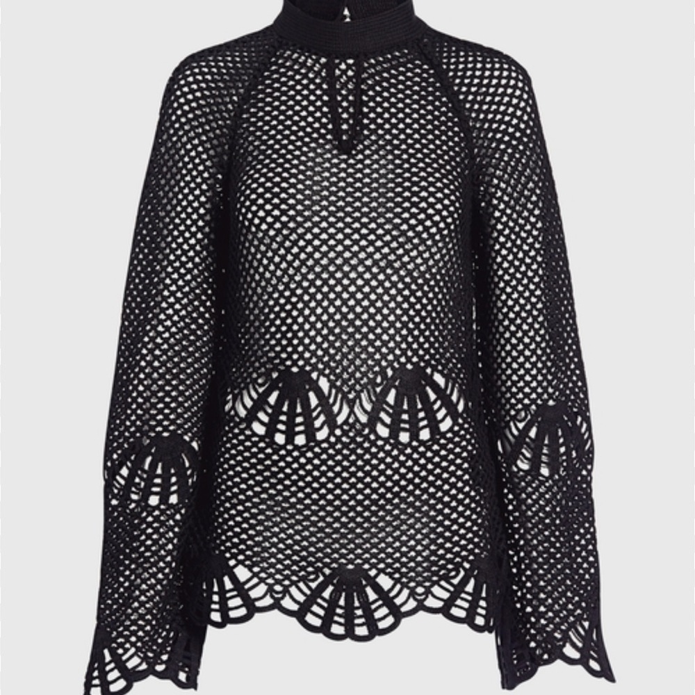 SELF-PORTRAIT Sheer Crochet Lace High Neck Black Sweater Top